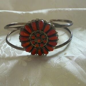 Vintage Native American Navajo Red Coral Cuff Bracelet